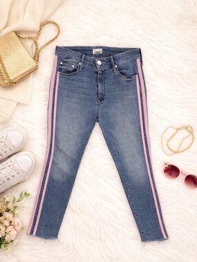 MOTHER Looker Fray Thunderstruck Racer Denim Skinny Ankle Jeans Pink Side Stipe